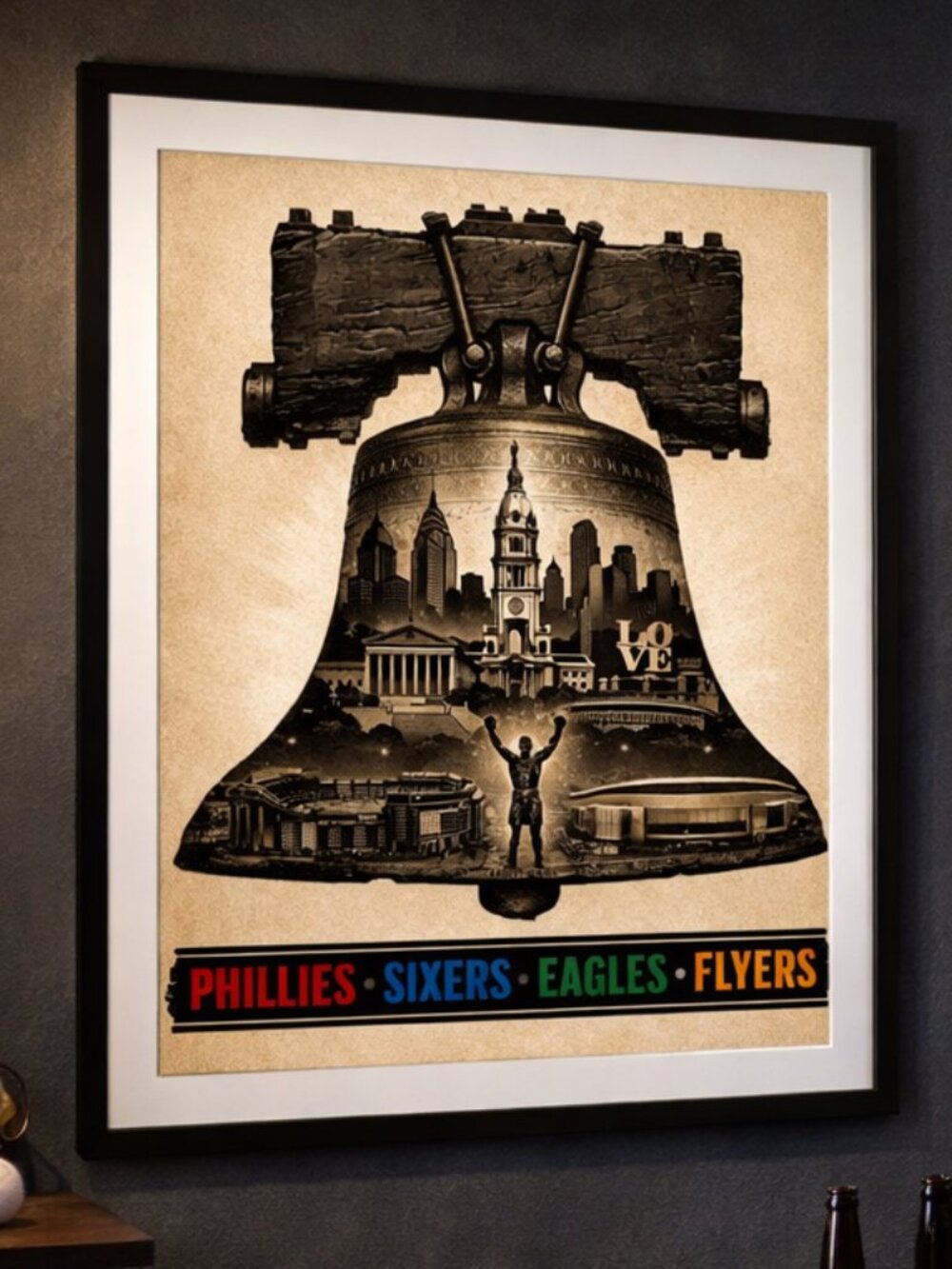 Philadelphia Liberty Bell Skyline Framed Wall Art 13x19 Philly Sports Decor